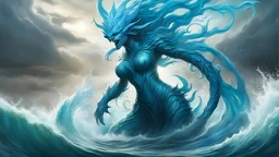 (((Magic the Gathering))) ((Artstyle of Kev Walker)) female water elemental creature made from water rising from the Sea