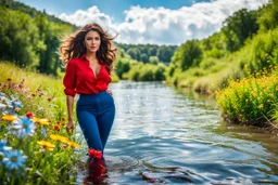 beautiful girl supper model, in nice red top ,blue pants, with curvy hair,perfect face,perfect eyes,country side wavy narrow river ,wild flowers ,blue sky nice clouds,walk in water with splash