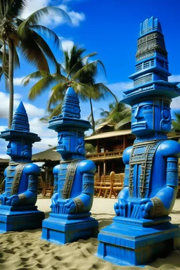 A blue resort on a beach designed in Hawaiian tiki statues painted by Frank Lloyd Wright