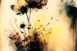 double exposure, merged layers, painted and burned burlap, beautiful collection of flowers, melting watercolor and black ink outlines on wet paper, soft, shading strokes, in sunshine, ethereal, otherwordly, cinematic postprocessing, bokeh, dof