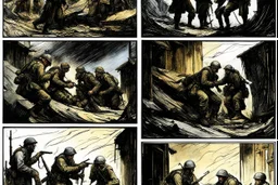 Masterpiece1:5)(Fineart), (award-winning:1.5), highest quality, war journalism, ink and colored pencil sketch of photocollage (by Gustave Doré, Jan Saudek:1.5),(Eastern Ukraine:(panel one:the moment after a battle ends, horrors of war, wounded men),(2nd panel, cinematic shot of men sitting in trench with 1000 yard stare (focus on their eyes:1.5)),(the third panel shows troops tired but hyper alert), (the fourth panel shows the sky is filled with incessant, fire and smoke everywhere,)