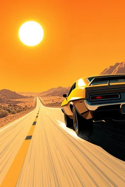 golden age of comics, dramatic angle of a super muscle car driving down a desert highway toward a brilliant sun, dynamic composition, artistic