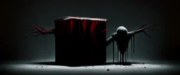 a faceless creature covered in blood holding up an empty black box