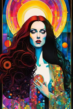 Create chaotic abstract cubist religious triptych depicting a seductive Gothpunk Saint Mary Magdalene , with highly detailed facial features, in the style of Bill Sienkiewicz, Philippe Druillet, Gustav Klimt, and Jean Giraud Moebius, precisely drawn, colored and inked