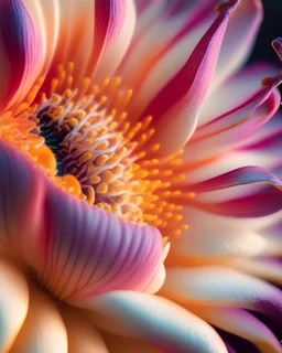 An extreme close-up of a vibrant, blooming flower, showcasing the delicate petals and the fine details of its reproductive structures.