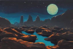 Rocks, night, 2000's sci-fi movies influence, otto pippel impressionism painting