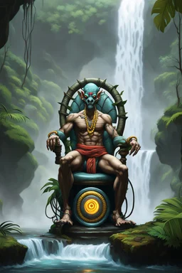 Dhalsim an electric eel necromancer on round wheel throne in foggy jungle waterfall