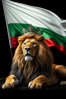 Create A hyper-realistic highly detailed, image of a majestic lion lying down, wearing a royal crown. The lion's fur should be rich and textured, with a regal and powerful presence. Behind the lion, the big flag of the Republic of Bulgaria(white, green,red) waves gracefully, its white, green, and red colors vivid and well-defined. The background should be an elegant, deep black, creating a striking contrast that enhances the grandeur of the lion and the flag. The lighting should be drama