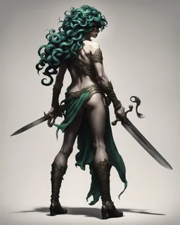 full-length, detailed persona, sword in hand, gorgon medusa, from the back, half turn