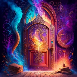 Half opened massive wooden door with lots of engraved magical symbols. Colorfull magical smoke coming out of the door opening. Harry Potter. Magical. Epic. Dramatic, highly detailed, digital painting, masterpiece