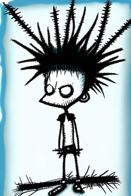 2d drawing of a stickman, cool with punk hair, x eyes like in hangman, getting a back massage ,3d realistic in colour