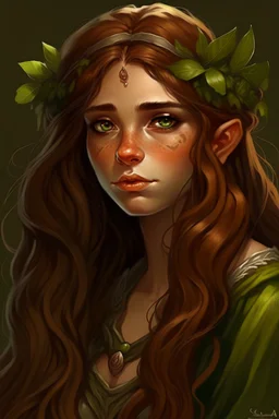 Gnom, braune lange wilde Haare, große, auffällig dicker Nase, grüne Augen, sehr jung (etwa zwanzig Jahre) , Druide, gebräunte Haut, Zeichen im Gesicht, keine Falten im Gesicht, etwas dicker