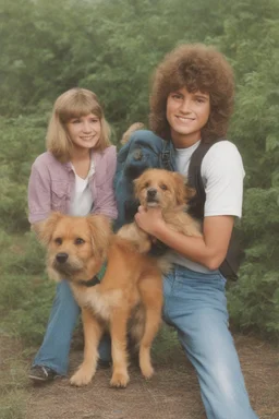 full color image, 1980's yearbook photo, teenager, Shaggy and Scooby Doo the dog, 14 years old, photorealistic, --ar 9:16 --style raw