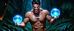 HYPER REALISTIC PHOTOGRAPHIC Middle Angle View Of A Handsome Muscular Young Man With Ritualistic Costume With Bone Necklace Unleashing Glowing Magic Balls, With A Fierce Devilish Smiling Expressions On His Face With Glowing Red Eyes With Short Messy Black Hair In A Dark Dense Jungle At Dark Night With Fireflies Showing Dramatic & Cinematic Ambiance