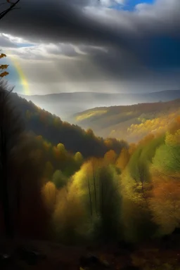 vista de un valle en medio de nubes, con rayos de luz del sol apenas perceptibles, con árboles con hojas doradas y senderos de cristales, con un pequeño arco iris divisándose a lo lejos