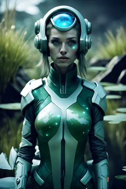 [future] A woman in scifi outfit a pond