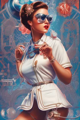 Retro-futuristic intricately drawn nurse Pin up Poster, detailed face. Beautiful woman. big retro sunglasses, body tattooed, bra, stockings, Full body hiphop street wear drip highly detailed, hyper detailed painting, complex, 8K, HD