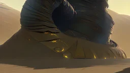 a yellow car parked in front of dune giant sandworm, concept art