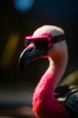 portrait of the flamingo wearing googles talking on 80s phone riding a plane over waves ,shot on Hasselblad h6d-400c, zeiss prime lens, bokeh like f/0.8, tilt-shift lens 8k, high detail, smooth render, down-light, unreal engine, prize winning