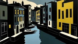 A gray dark Italian city river in black oil shadows painted by Stuart Davis