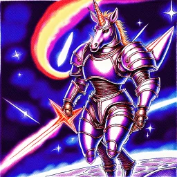 90's TCG art retro fantasy art of armored Space unicorn