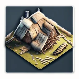 aerial view digital artwork of a Scandinavian longhouse as a sticker