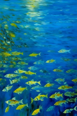 A blue sea filled with fish painted by Claude Monet