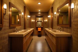 Pictures of a group of bathrooms in Mathaf Restaurant. The walls and floors are in brown tones, and the sinks are on one wall.