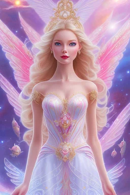 femme galactique du futur, lady fairy, facing happy, voluptuous white, pink enchanted flowers, wings magic, long big dress, pink outerspace stars planets, Beautyful smiling, young woman, long hair amazing blue eyes, flowers, happy cosmic, bright colors, blue, pink, gold, jewels, realistic, photo real, clear sunny background, highly detailed, high contrast, 8k high definition, unreal engine 5, extremely sharp detail, light effect, sunny light background