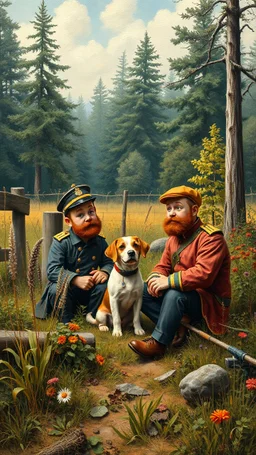 Tin tin and captain haddock with a dog sitting in the park , in a forgotte battlefield overrun by vegetation, cutesy tiktok detailed oil painting, grainy, old style
