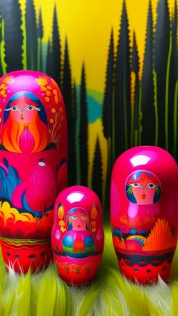 A reddish magenta fiery psychic wetlands designed in Matryoshka nesting dolls painted by Wassily Kandinsky