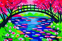 image of water lilies in the impressionism style, using acrylic strokes, featuring a bridge and a large cherry blossom tree