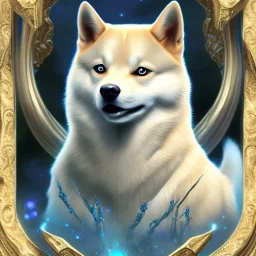 albino shiba inu, ethereal blue violet aura, Orion, orbs, hunter