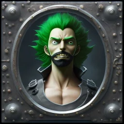 Lorenor Zorro with green hair from one piece, steam punk, scary, horror, realistic, made in octane, cinematic, movie, CGI, ultra-realistic, extremely detailed octane rendering, 8K, VRAY Super Real ar 2:3, dof photorealistic futuristic 50mm lens hard lighting dark gray tintype photograph, realistic lighting, sephia colors