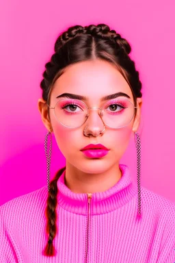 Very pretty girl behind a plain pink background with braided hair wearing glasses and earring