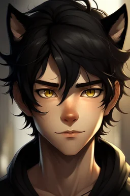 A young male with messy black hair, gold eyes, black cat ears, realistic, slight smile