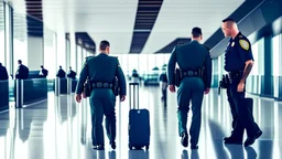 2 security officers escort annoyed traveling man from airport lounge