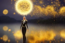 A skinny woman with black hair, in a gold and black android suit, standing, looking out over a lake, with flying dandelion heads with octopus tentacles, with tall narrow cloud trees in the distance