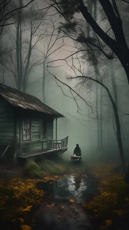 A swamp surrounded by bamboos long trees in cloudy, depressing, foggy, with a dim of light in the distance , there.is an abandoned cottage covered with leaves. A strange scary creature sitting on a rocking chair in front of the cottage