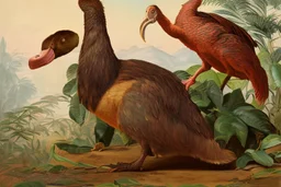 John James Audubon-like illustration of a fully uncropped Dodo bird and a Platypus in a chinoiserie landscape of warm yellows, warm reds, and warm blues