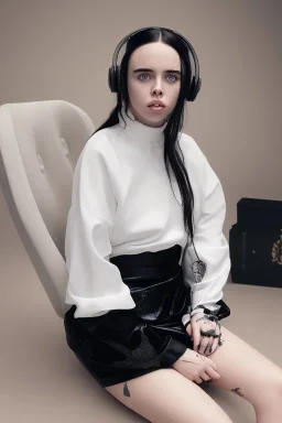 Billie Eilish, sitting on a chair, Black Short Dress, pale skin, high detail, realistic, 8k