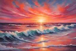 Depict a stunning sunset over the ocean, with vibrant hues of orange and pink painting the sky and waves gently lapping against the shore.