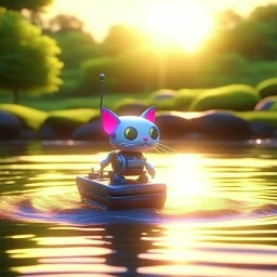 cute blessed chat robot sailing on river,catching a big fish in a river stream, 8k, downlight, soft light, depth of field, photorealism, trending on art station, lotsa detail