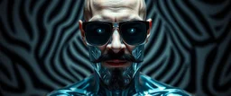 portrait of upper body of cool transparent guy made with nano tape and with shades and mustache and bald head, saw blade beholder eye tyrant flating beholder kin with eyes on each saw blade tooth saying something profound, hypnotic zebra background