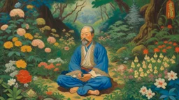 An oil painting by Kuniyoshi of a yoga teacher surrounded by blooming flowers and lush vegetation.