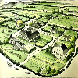 vintage top down map of 18th century New England dairy farm with 2 homes and out buildings connected by roads. cows and sheep