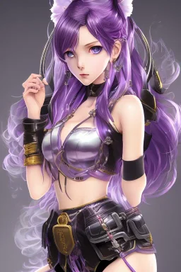 Detailed cute anime Kunoichi girl, purple hair buns, purple bangs, black latex bodysuit, intricate details, full body portrait, keep head in frame, slight smile, black Japanese motif, concept art, highly detailed, digital painting, concept art, sharp focus, illustration, art by Yoji Shinkawa, WLOP and greg rutkowski and alphonse mucha and artgerm and yanjun Chen and Junji ito and Makoto Shinkai, HDR, octane render