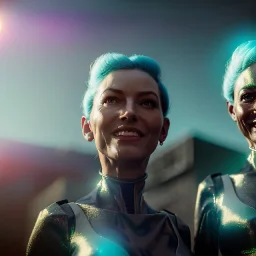 Ultra Realistic scene, retro futuristic style, 1960 sci-fi. 2 Women, smile, happy. highly detailed, concept art, unreal engine 5, ray tracing, RTX, lumen lighting, ultra detail, volumetric lighting, 3d, finely drawn, high definition, high resolution.