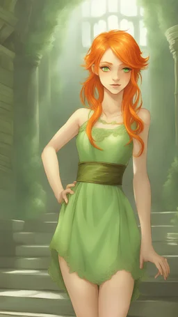 Hot Elf with orange hair and glowing green eyes She wears a light green dress