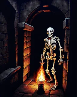 A frightening castle dungeon hallway with a skeleton warrior in rusty chainmail holding a burning torch painterly rpg art